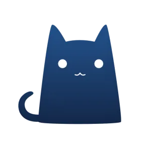 深蓝色小猫形状的应用图标，猫坐着，两只白色圆眼睛，尾巴从左下角卷起