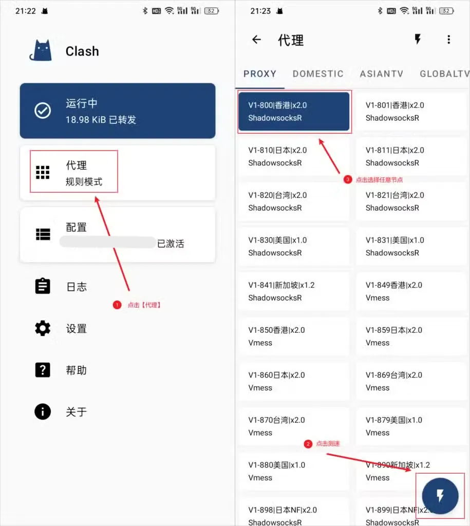 两张截图并排，左图首页显示运行中和 18.98 KiB 已转发，红框标出代理卡片，右图代理页 PROXY 分组里第一个香港节点被选中，右下角闪电按钮被红框圈出