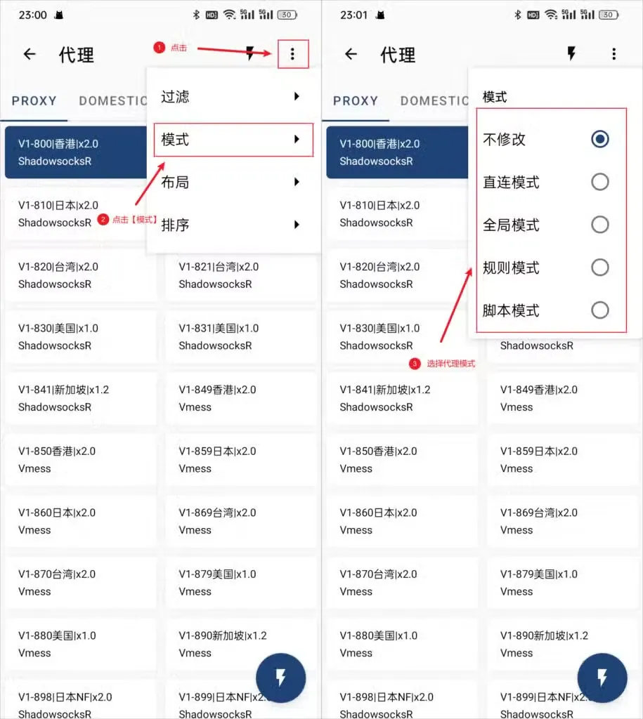 两张截图并排，左图代理页三点菜单展开，红框圈出模式，右图模式单选列表共五项，最后一项是脚本模式，当前勾选不修改