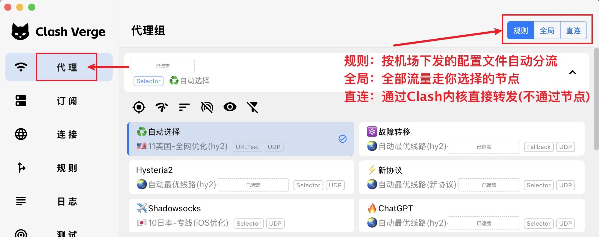 新版代理页截图(macOS),标题是代理组,红框圈住右上角的三个模式按钮,旁边的红字解释了各自的含义