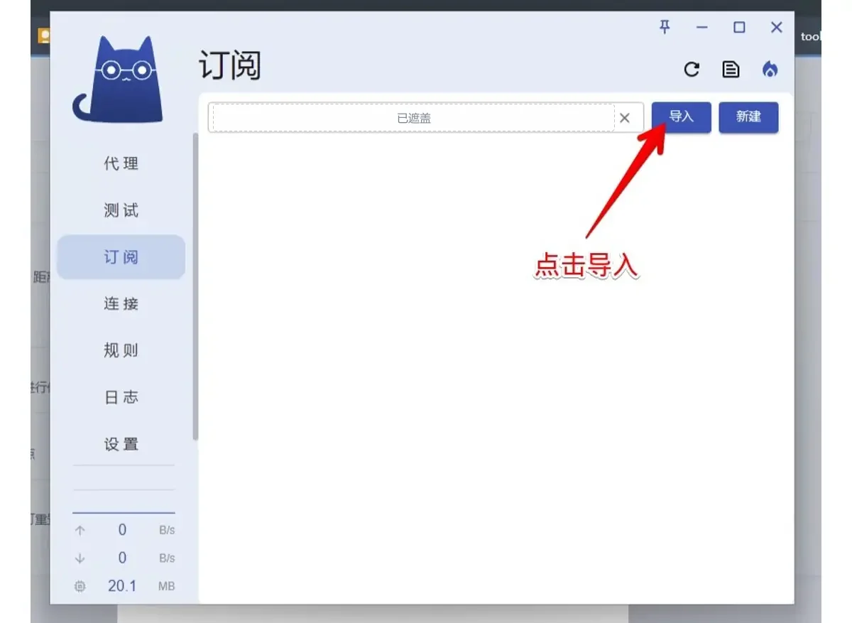 订阅页,顶部输入框里的链接已被遮盖,红色箭头指向导入按钮