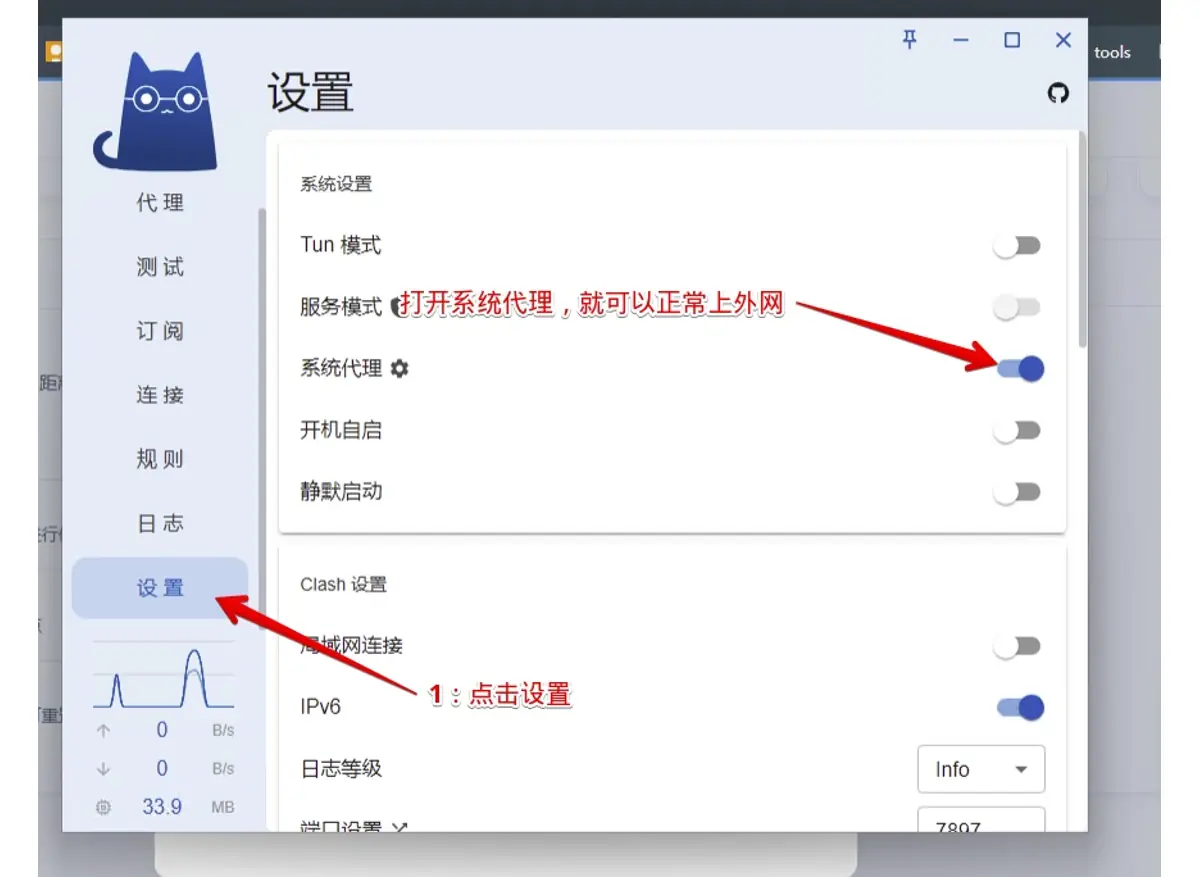 设置页截图,系统代理一行的开关是蓝色,红字标注说打开它就能上外网,另一条标注指向左侧的设置菜单