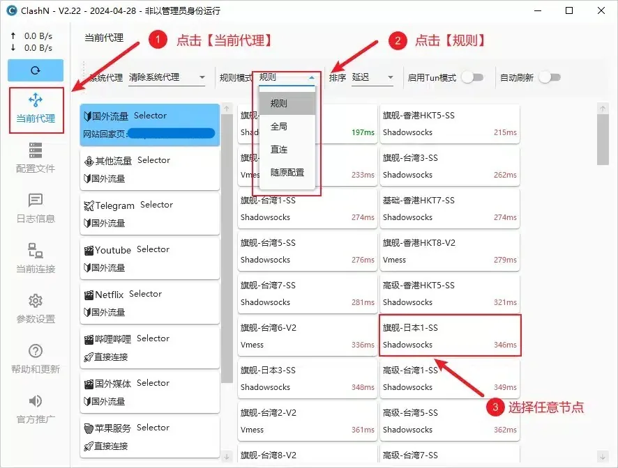 下拉框里列着四种规则模式，右边节点区的旗舰-日本1-SS 带红框