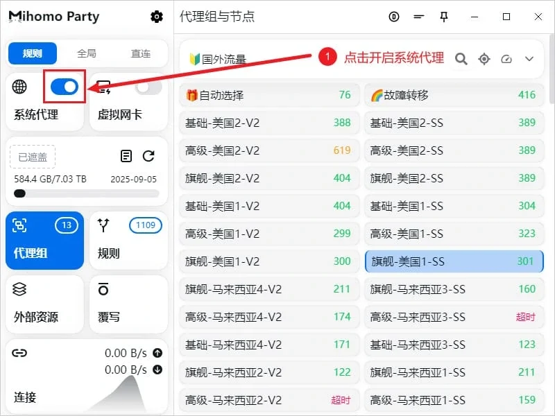 左栏系统代理开关已打开并被红框标出,标注写着点击开启系统代理,虚拟网卡开关仍然关着