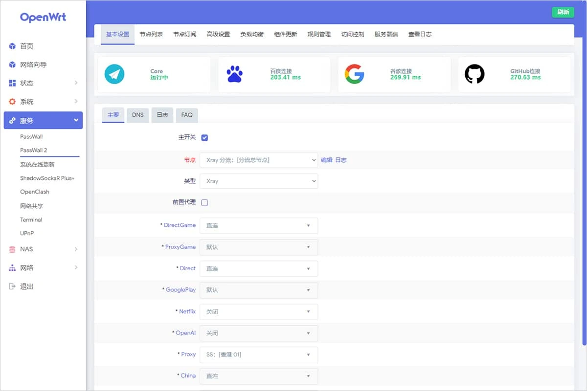 PassWall 2 基本设置页,四张卡片显示 Core 运行中和三个网站的连接延迟,主开关已勾选,节点为 Xray 分流总节点,下方是各类流量的分流选项