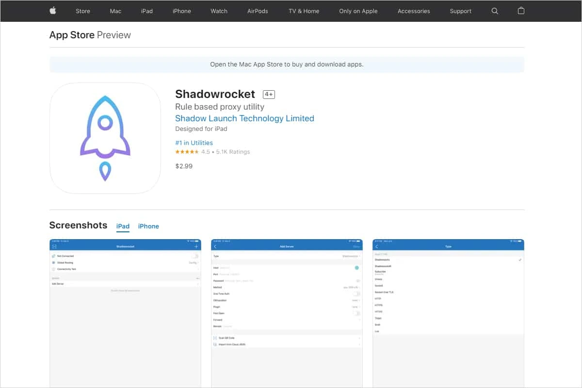 美区 App Store 网页预览中的 Shadowrocket，开发者 Shadow Launch Technology Limited，价格 $2.99