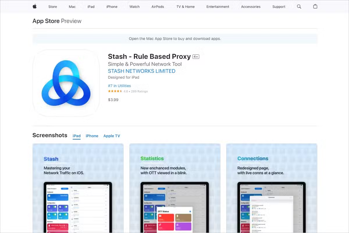 网页版美区商店截图,Stash - Rule Based Proxy 的页面,开发者 STASH NETWORKS LIMITED,价格 $3.99