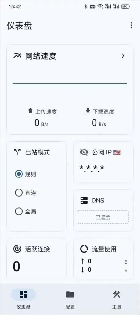 Surfboard 仪表盘截图，上方网络速度的上传下载都是 0 B/s，出站模式勾在规则上，公网 IP 一栏只有几个星号，标签栏只有仪表盘、配置、工具三项