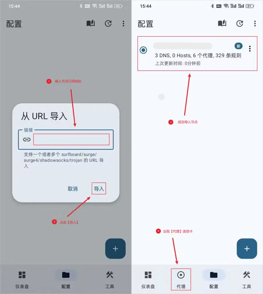 两张截图并排，左半张是标题为从 URL 导入的弹窗，红框标出链接输入框和导入按钮，右半张配置列表出现一张新配置卡片，底部新增的代理标签也被圈出