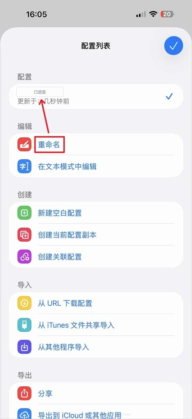 导入后的配置列表，新配置已打勾并显示更新于几秒钟前，红框和箭头指向编辑组里的重命名